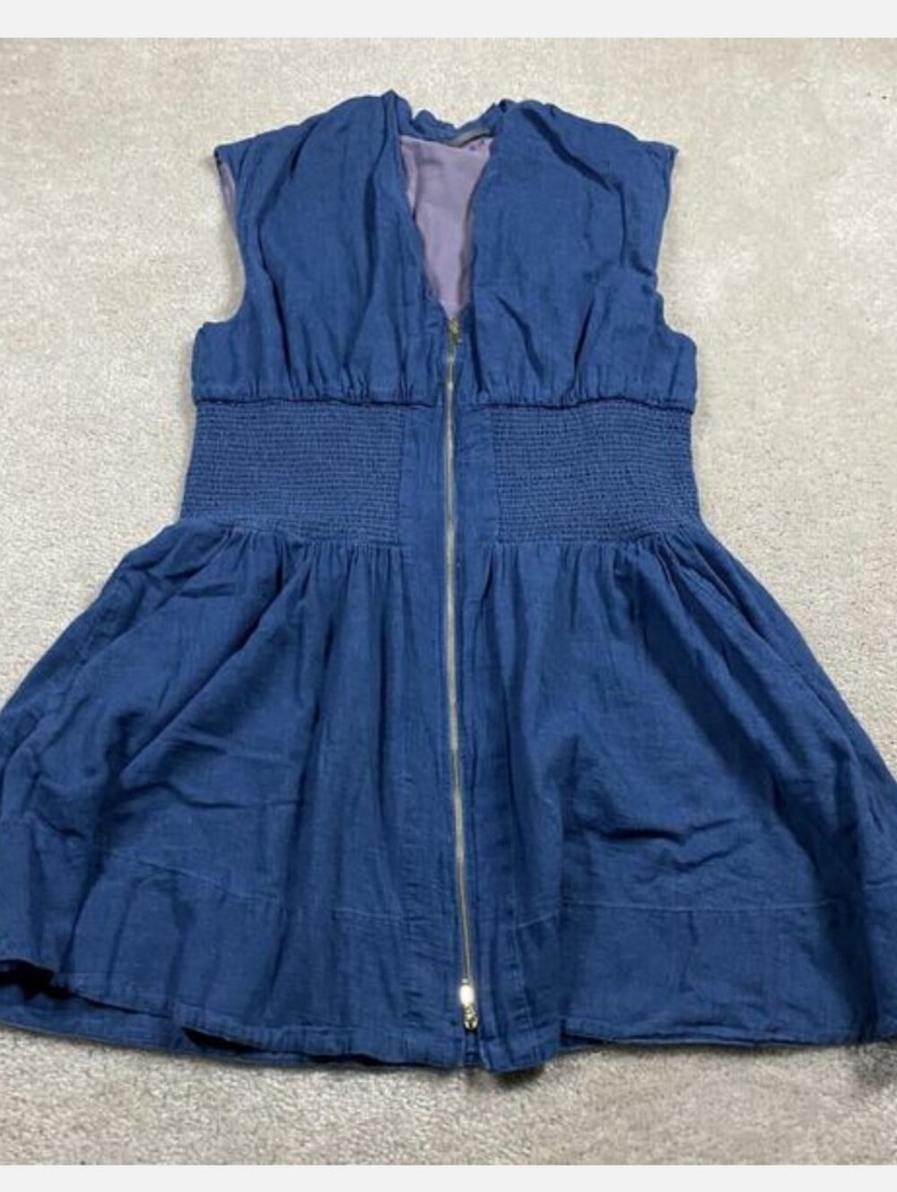 Anthropologie Dress Womens M Blue Smocked Waist Zip Front Sundress Fit Flare